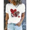 European Size Elegant Romantic Fashionable Shiny Leopard Print Heart and Striped Letter Graphic | Breathable Crew Neck Short Sleeve Valentine'S Day