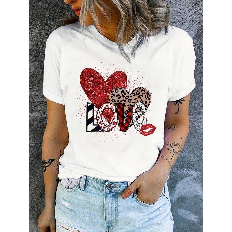 European Size Elegant Romantic Fashionable Shiny Leopard Print Heart and Striped Letter Graphic | Breathable Crew Neck Short Sleeve Valentine'S Day