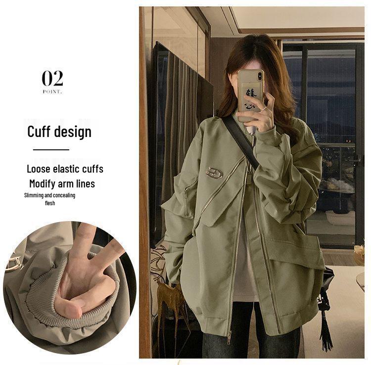 Women's American High-Street Style Loose Irregular Flight Jacket for Spring and Autumn