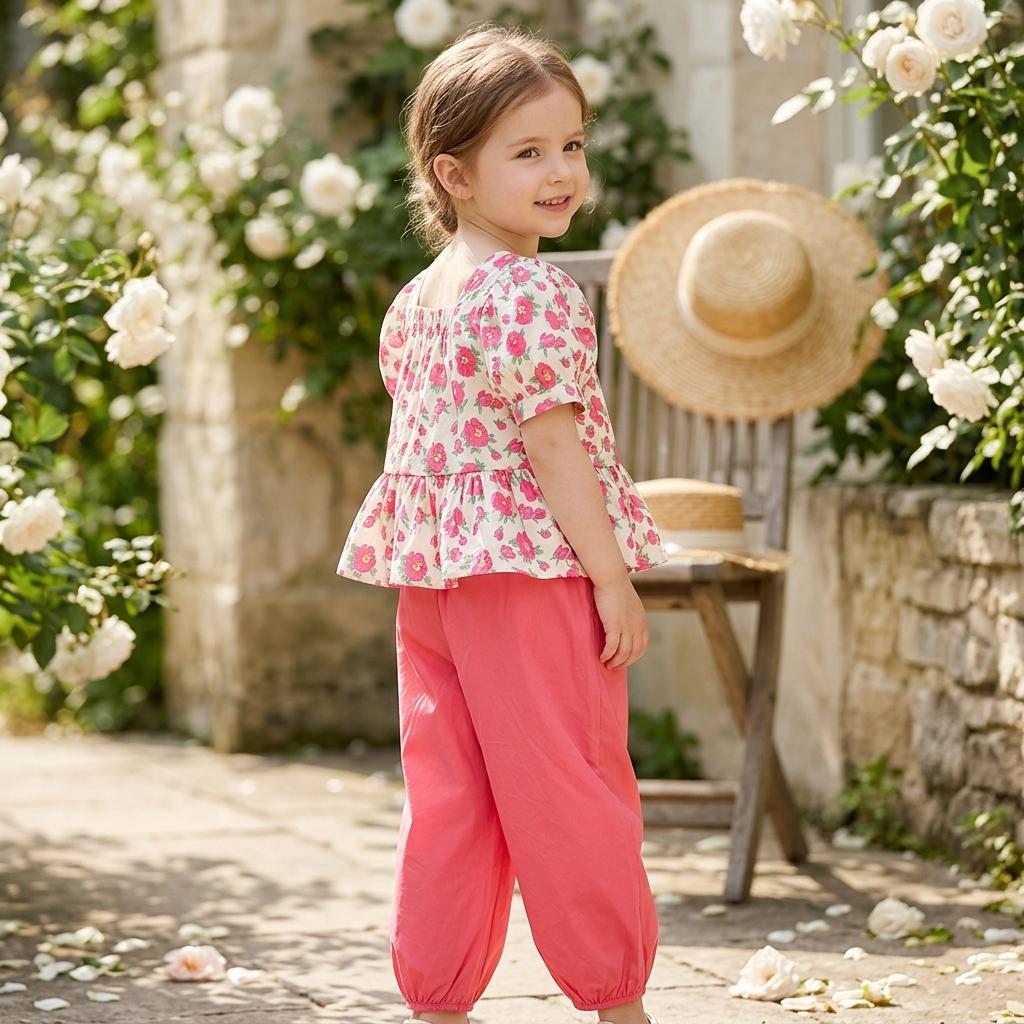 New Stylish Summer Outfit For Girls: Short-Sleeved Floral Dress With Square Collar For Little Girls And Toddlers Casual And Fashionable