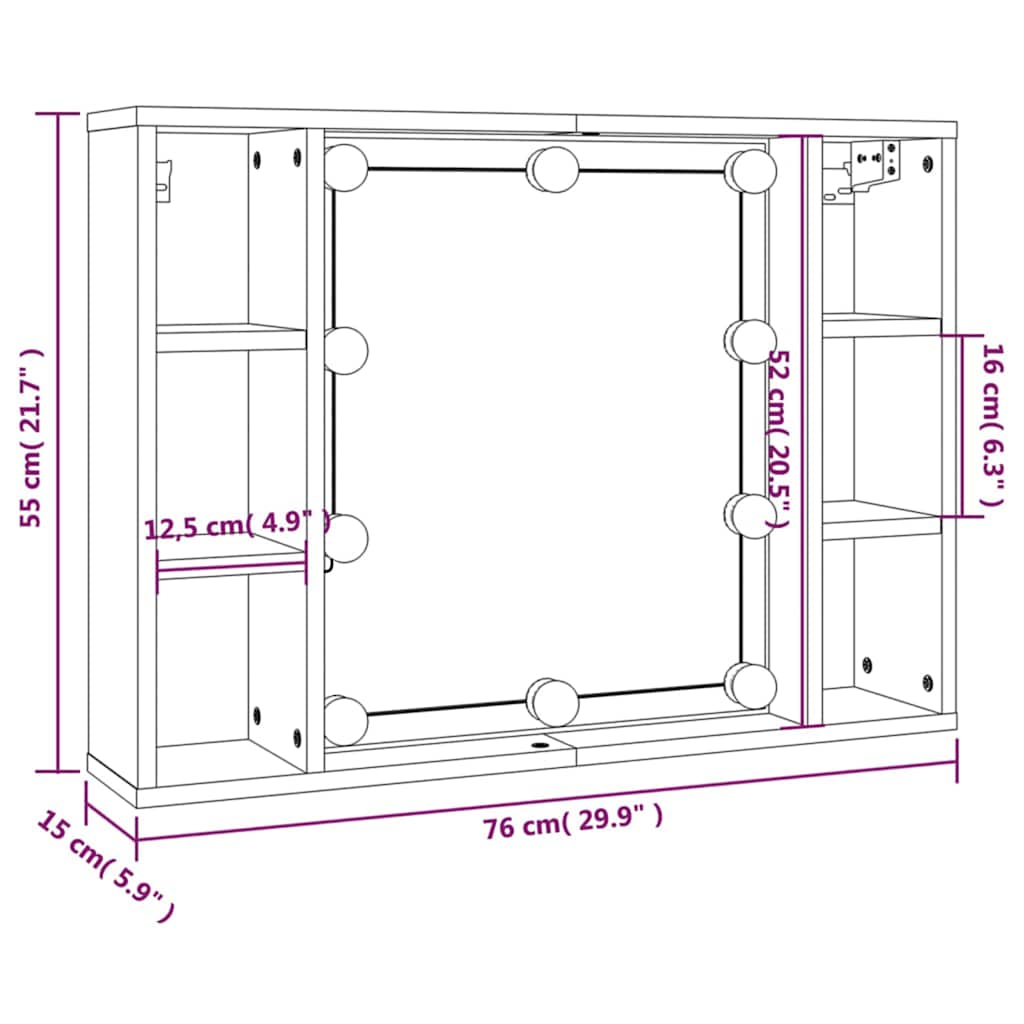 Mirror Cabinet with LED Lighting Sonoma Oak Finish 76 X 15 X 55 Cm