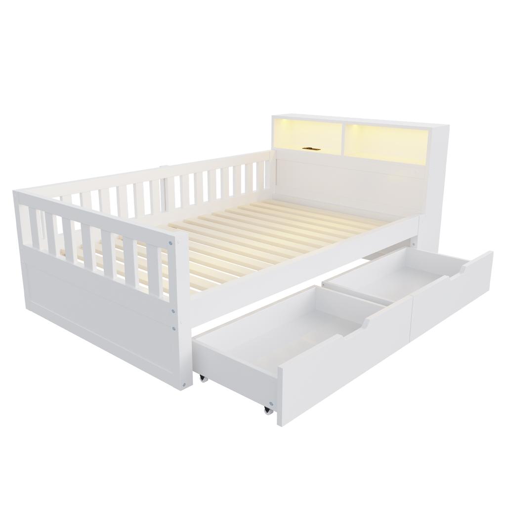 Multifunctional Wooden Bed 90 × 200 Cm, With Drawers, Shelf and Storage, Equipped With Socket and LED Lighting, Safety Rail, Single Bed, White
