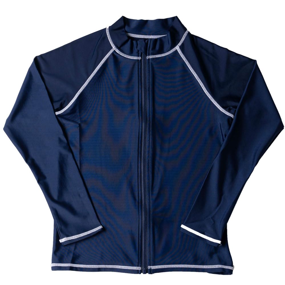 Laqua Kids' School Swimsuit, Rash Guard, Solid Color, for Girls and Boys, Navy Blue with White Stitching, GN-5901, 140cm