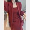 Women's French Retro Red Knitted Cardigan & Tube Top Set for Autumn/Winter