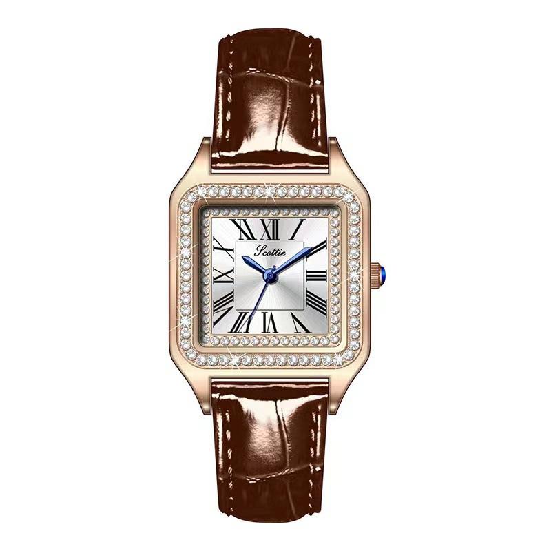 Square Simple Roman Diamond Women'S Watch Niche Light Luxury Leather Watch Fashion High Sense Women'S Watch