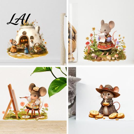 Soft Color Wall Stickers Cartoon Mouse Sticker Cute Fairy Tale Decal PVC Waterproof Window Clings Art Decors Self Adhesive Mural for Nursery