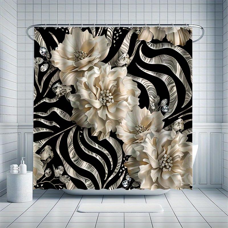 Набор душевых занавесок  Молочно-белые с цветами  - Белые цветы на черно-белых полосах, Включает крючки, Водонепроницаемый полиэстер, Современный декор W90XH180cm