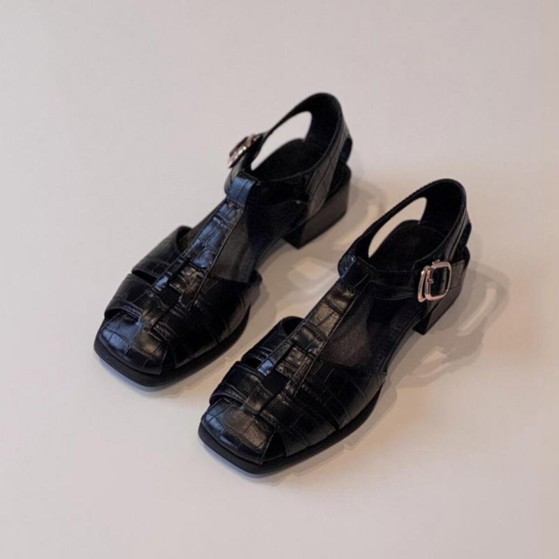 

Sheepskin version~ retro woven shoes women s black thick heel leather hollow breathable summer commuter sandals 35