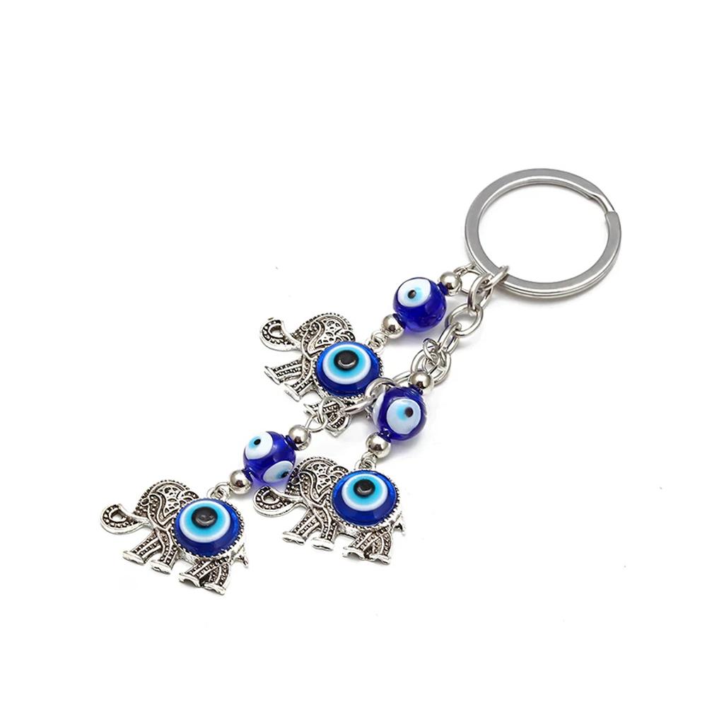 Lucky Eye Alloy Fatima Hand Elephant Owl Tree of Life Keychain Blue Turkish Evil Eye Key Chain Car Keyring for Women Men Jewelry