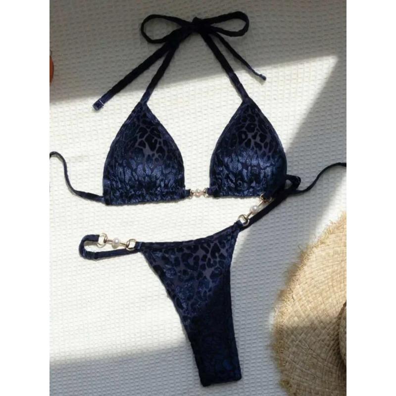 Sexy Leopard Samt Bikini Mini Mikro String Bikinis Damen Bademode Weiblicher Badeanzug Zweiteiliges Bikini-Set Neckholder Badeanzug Swim