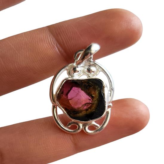 Natural Pink Bi-Color Tourmaline Gemstone 925 Sterling Silver Rare Pendant, Gift