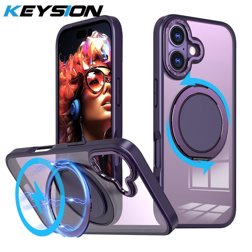 KEYSION Shockproof Matte Transparent Case for MagSafe for iPhone 17 17 Air 360° Rotating Magnetic Ring Stand Phone Back Cover