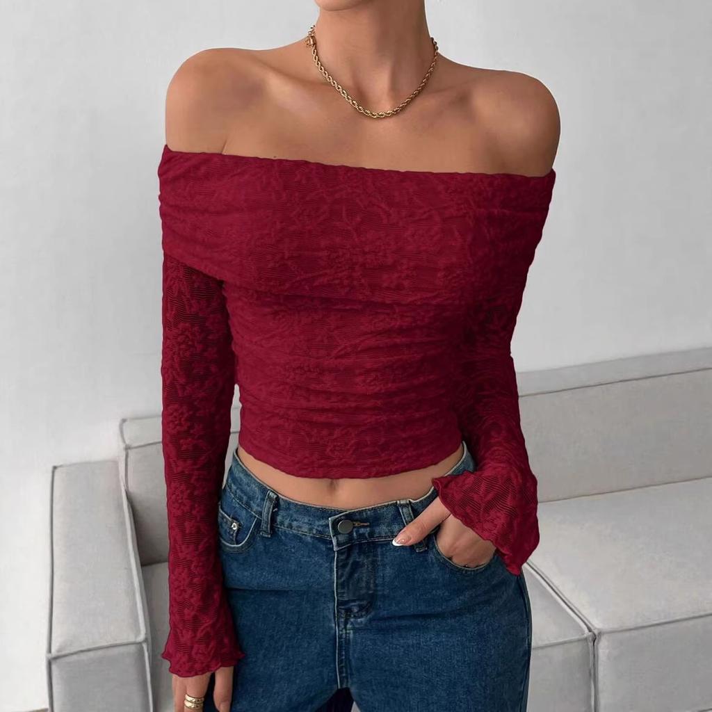 European and American Autumn New One-word Shoulder Knitted Lace Long Sleeves Slim and Thin Temperament