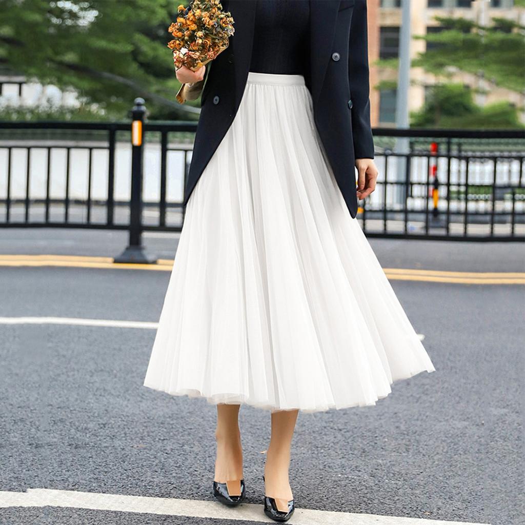 Women's Fashionable Color Loose Mesh Skirt, Elastic High Waist Large Swing Skirt, Pleated Skirt