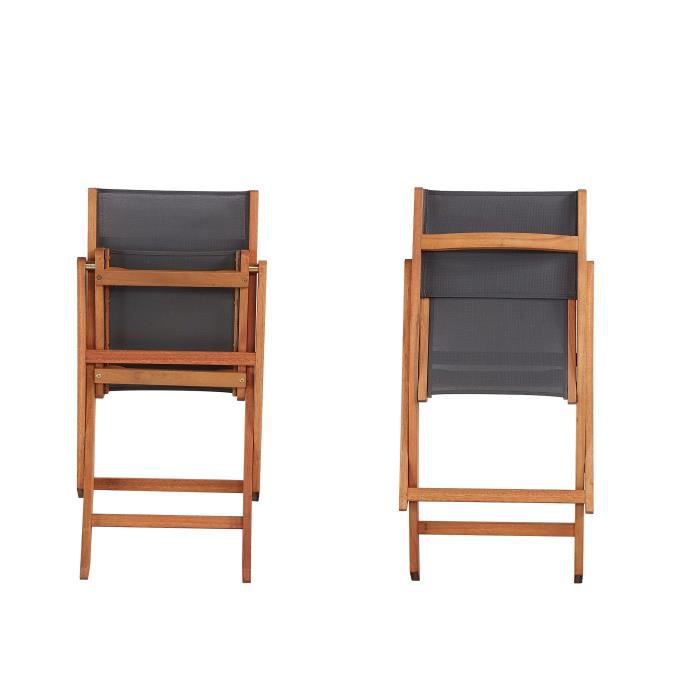 Lot de 2 chaises de jardin pliantes en bois d'acacia FSC - EDEN - Assise textilene - Gris - 58 x 58 x H90 cm