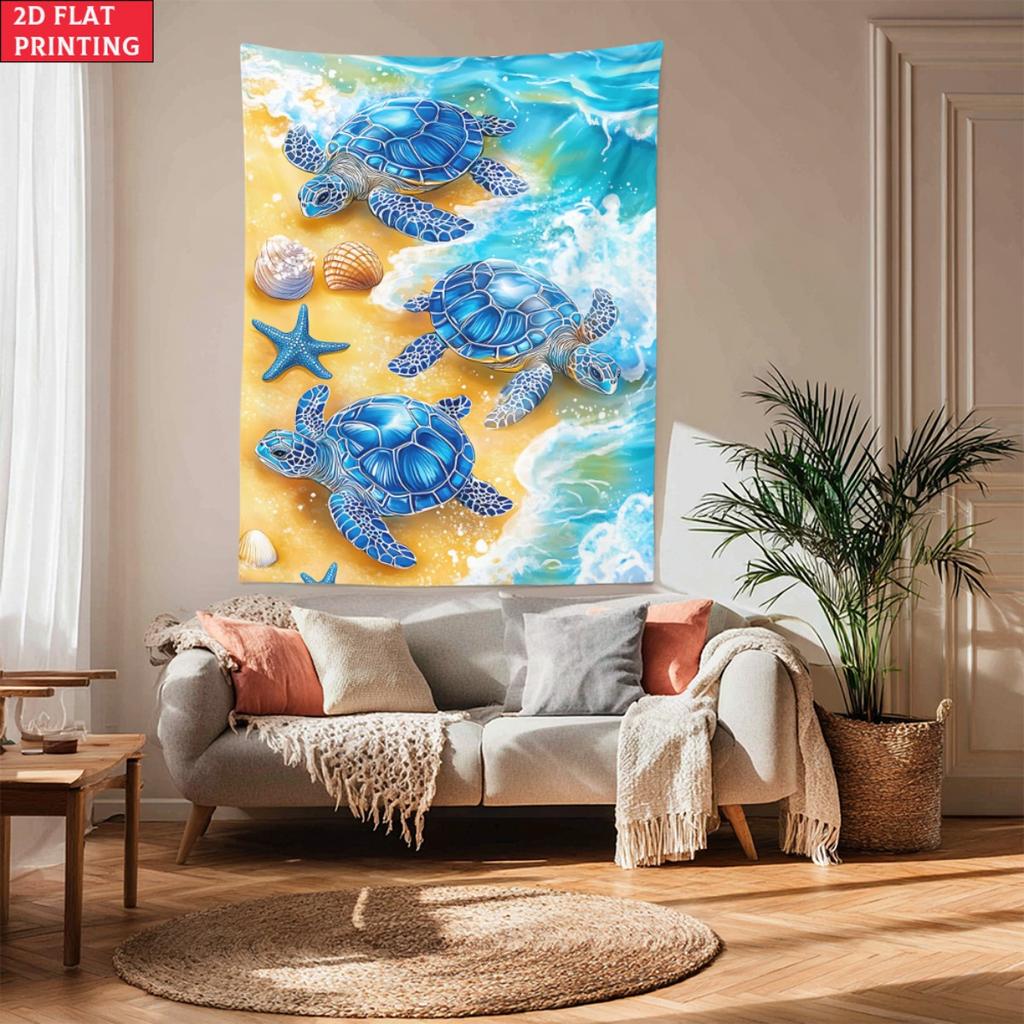 Sea Turtles Beach Ocean Waves Starfish Shells Tapestry Tropical Coastal Wall Art Summer Vacation Home Decor Marine Life Print