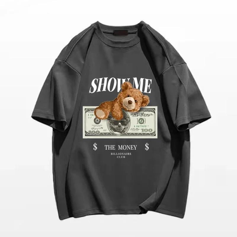 New Men's Cartoon Bear Print 100% Cotton T-shirt High Quality Short Sleeved Shirt Street Fitness Clothing