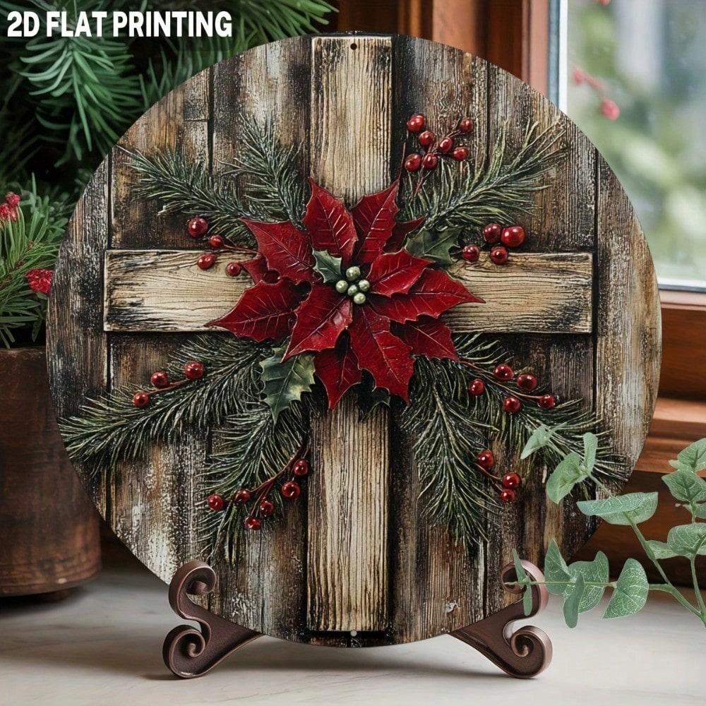 

Skytopia Rustic Poinsettia Cross Wall Art Vintage Christmas Decor Round Aluminum Sign 20x20 разноцветный
