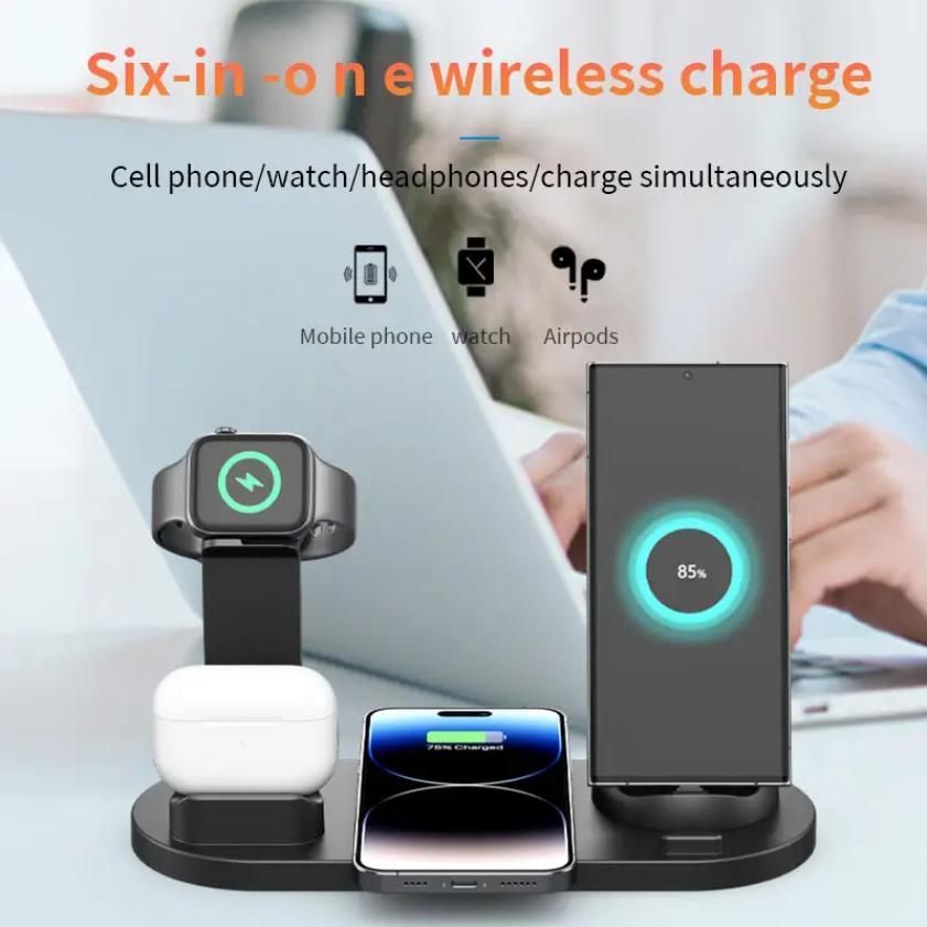 6-in-1 Multi-Function Fast Wireless Charging Station for Phone Watch Earphone with OTP & OVP Protection