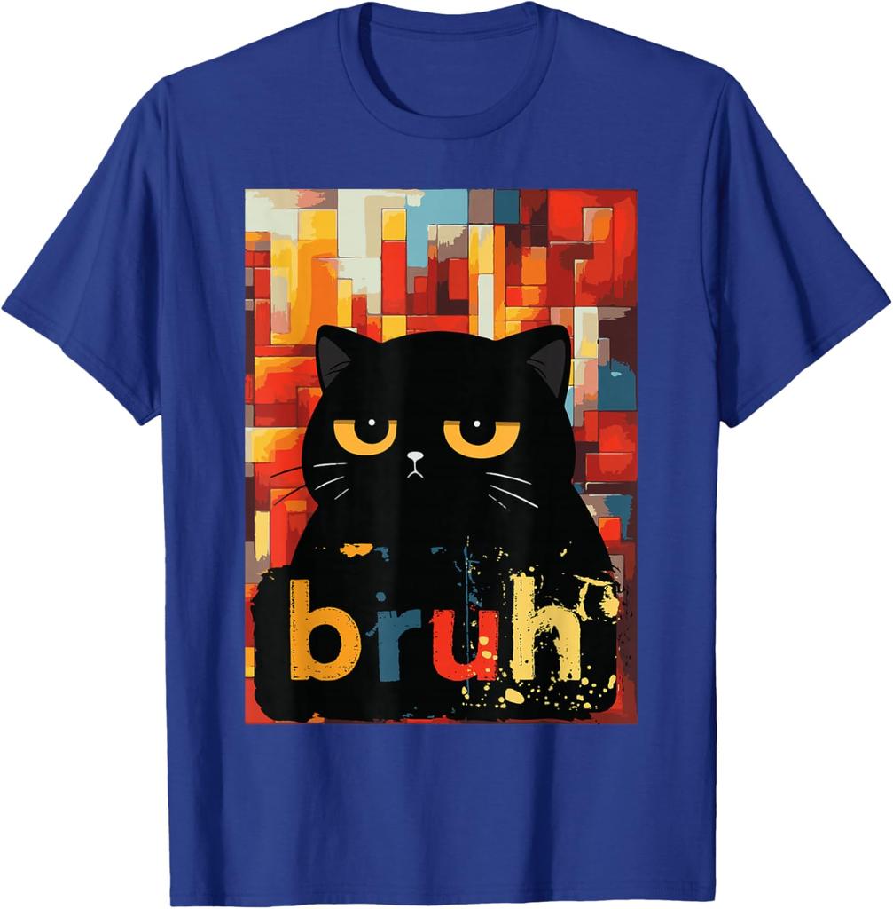Bruh Black Cat Funny Meme Graphic TShirt Casual Short Sleeve Cotton Crew Neck Tee