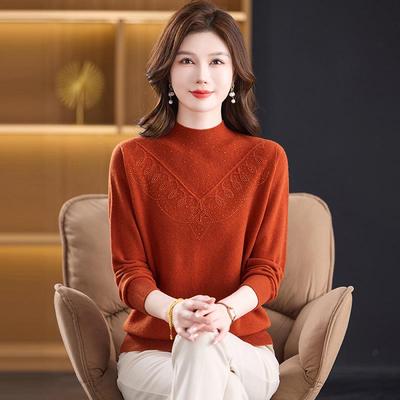 Stylish Plus Size Half-High Neck Pure Wool Sweater for Middle-Aged and Elderly Women