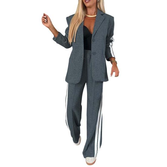 2 Pcs/Set Lady Formal Coat Pants Set Turn-down Collar Single-breasted Long Sleeves Jacket Loose Striped Wide Leg Trousers Casual Daily Wear Commuting