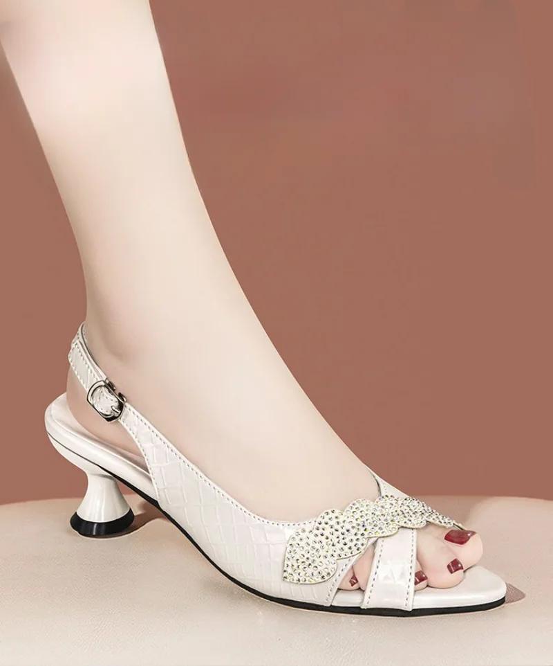 Sandals for Woman Green Footwear Open Toe Diamond Leather Summer 2026 with Medium Heels Women's Shoes Outdoor Office Work Trend