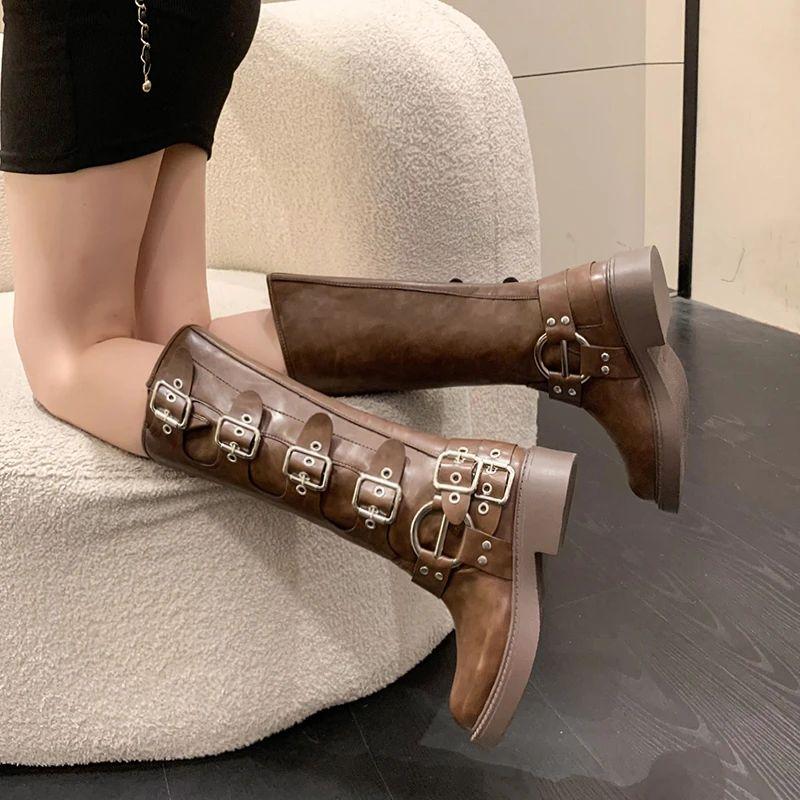 Woman Boots Knee High Platform Elegant Low Heel Trend Punk Gothic Rock Leather Fashion Women's Shoes Motorcycle Footwear