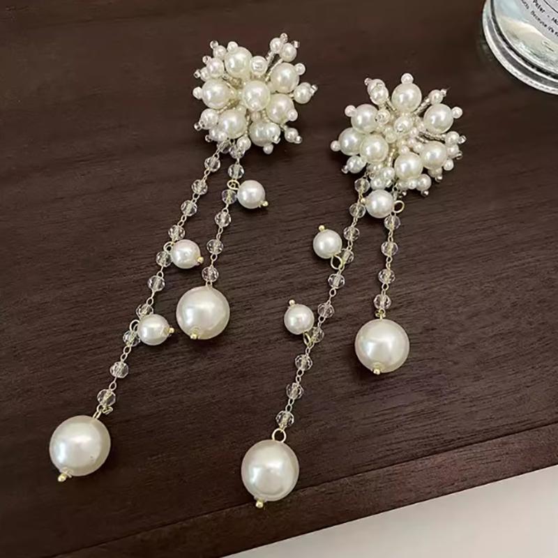 1pair Tassel Earrings Imitation Pearl Flowers Fringe Long Dangle Earrings For Women Elegant Temperament Dainty Luxury Jewelry