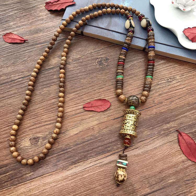 Colier lung etnic retro nepalez cu aripi de pui din lemn și margele Bodhi - Accesoriu de modă unisex