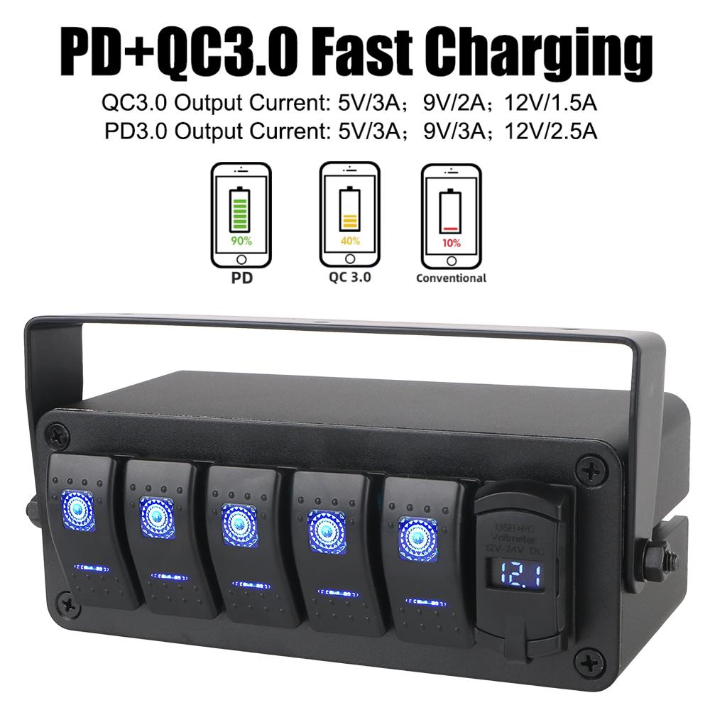 DC 12V/24V 2/3/4/5 Gang Biltilbehør Bil Marine Strømbryter PD+QC Hurtiglading Bryterpanel Digitalt Voltmeter