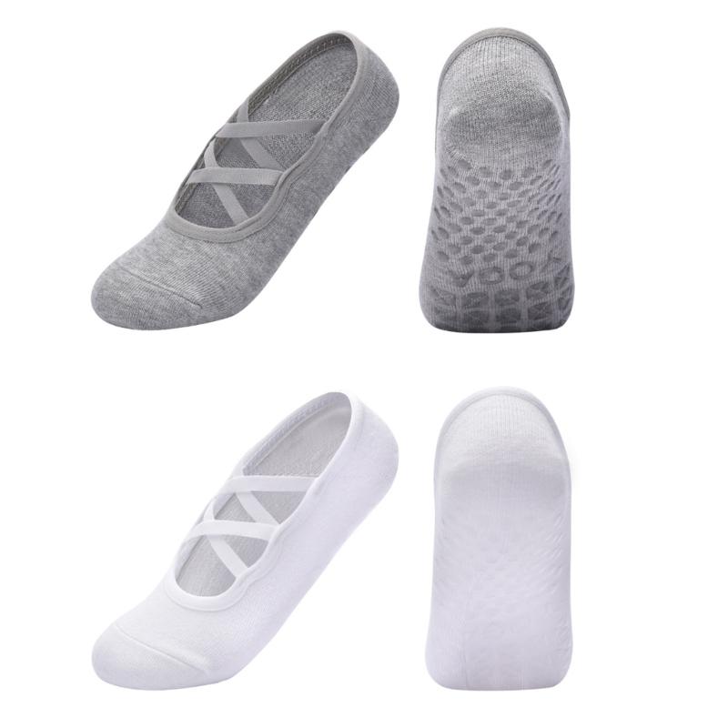 2 Pairs Women's Crisscross Strap Yoga Socks With Nonslip Grip Low Cut Cotton Socks For Pilates Barre Ballet Barefoot