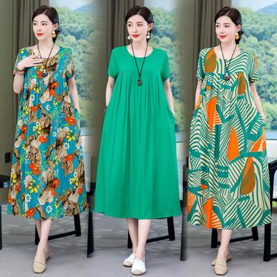 2 Neues hochwertiges florales Baumwoll-Seiden-Kleid für Damen-Sommer-Temperament, Bauchbedeckung für Mütter, große Größe künstliche Baumwolle langer Rock