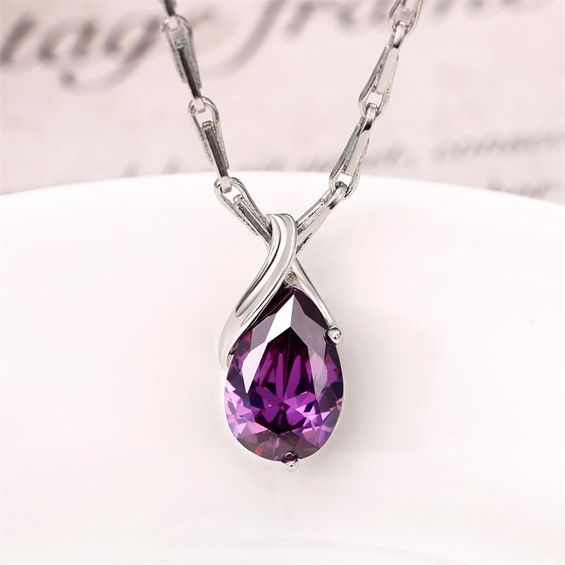 Huitan Luxury Pear Cubic Zirconia Pendant Necklace Women for Wedding Blue/Green/Purple/Transparent Grey Elegant Lady's Jewelry