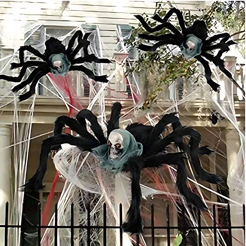 2PCS Halloween Plush Spider Skull Veil Horror Party Haunted House Decoration Props Simulation Spider Halloween Simulation Spider