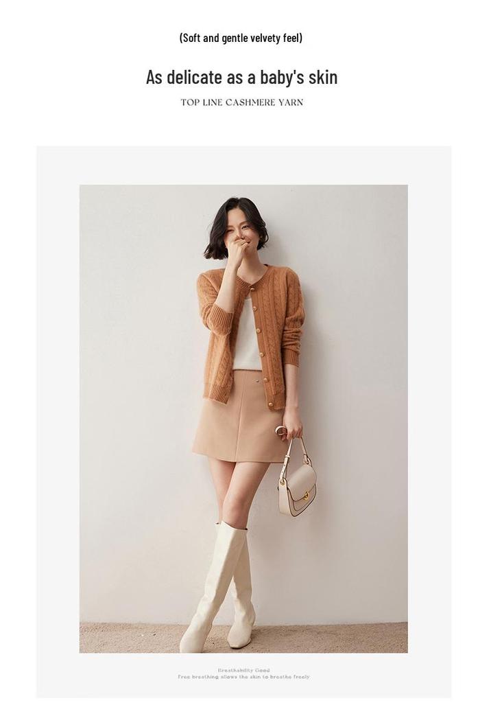 Women's Loose Fit Cashmere Cable Knit Cardigan - Long Sleeve, Round Neck, Autumn/Winter 2024 Collection