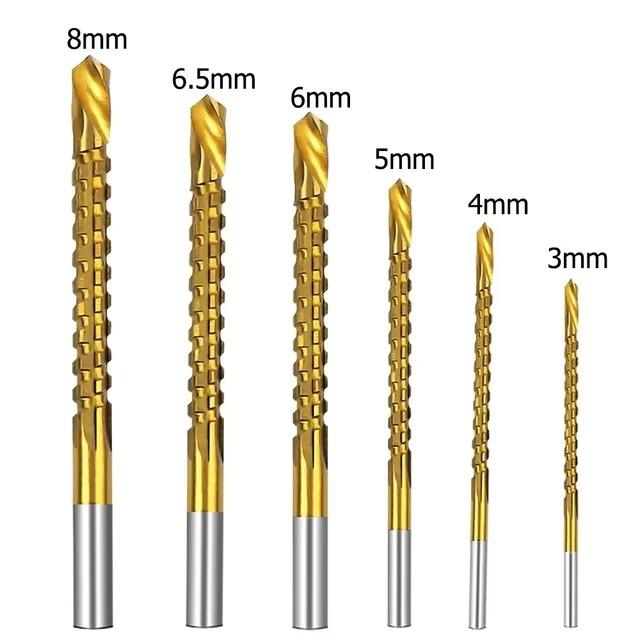 

6Pcs HSS Twist Drill Bits Set Titanium Coated Drill Bit 3-8mm Serrated Grooving Spiral Jagged Saw Drill Bit Composite Drill Bits Round