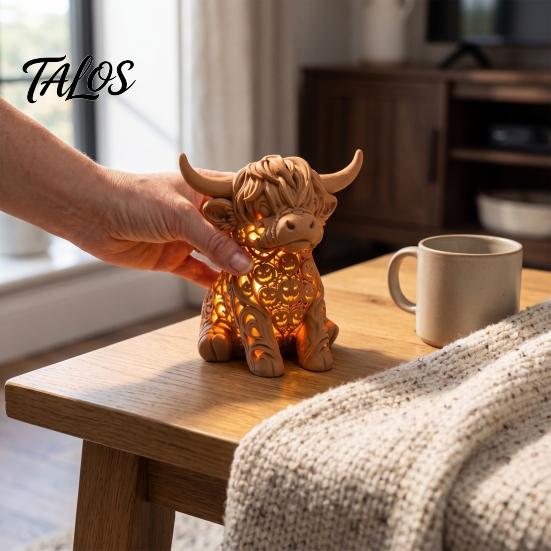 Decorative Table Lamp Highland Cow Tea Light Candle Holder, 3D Printed Figurine with LED Unique Home Accents Light, Warm Tabletop Decor for