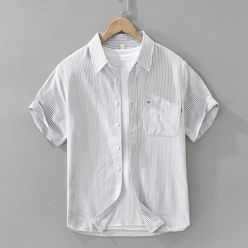 Summer Fresh Vertical Stripes Embroidery Half Short Sleeve Shirts Men's Loose Oxford Cotton Business Casual Shirt New