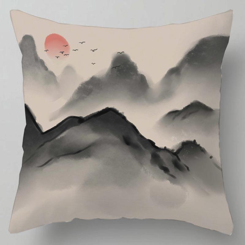 Wooden Chair Back Pillow, Tatami Bedside Pillow, Office Nap Pillow, Chinese Style Landscape Painting Pillowcase