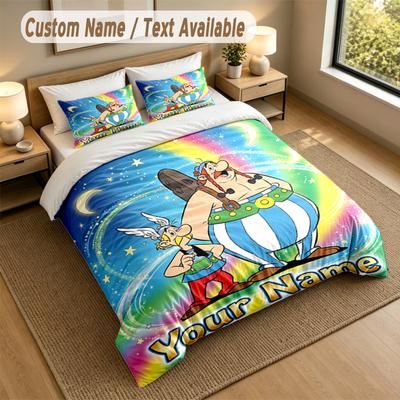Custom Name Text Bedding 3Pcs Set,Asterix & Obelix 1 Duvet Cover 2 Pillowcases Soft Bed Linen For Gift