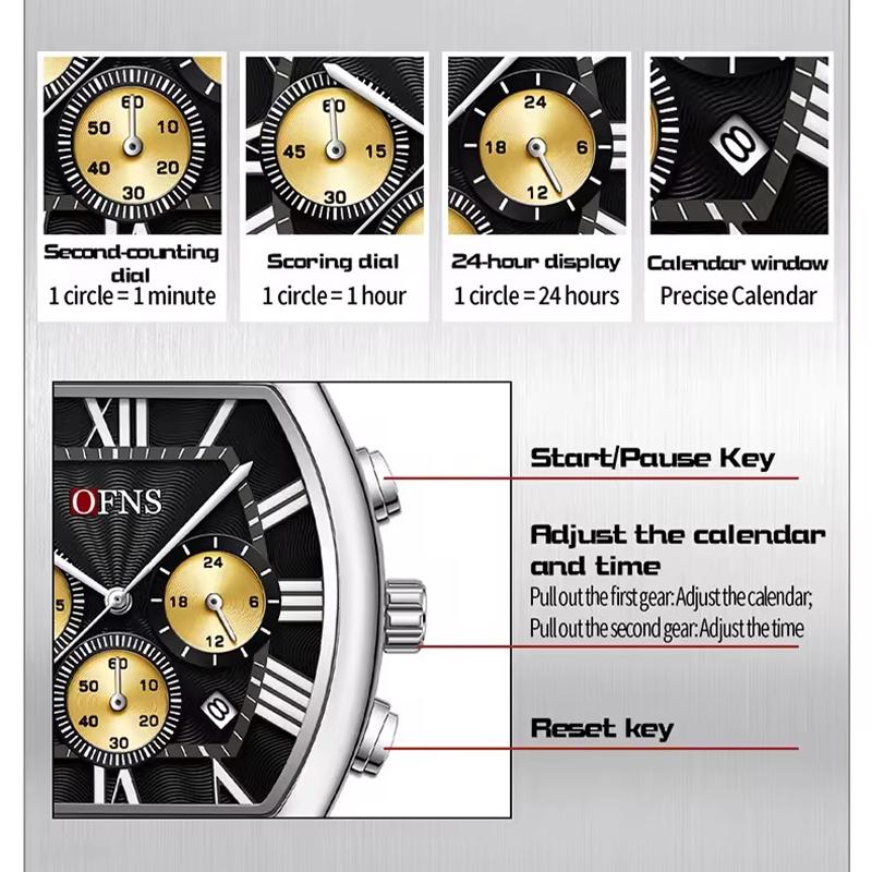 Men's Business Leisure Watch Date Chronograph Steel Quartz Wristwatches Strip Zinc Alloy Case Tempered Glass Mirror