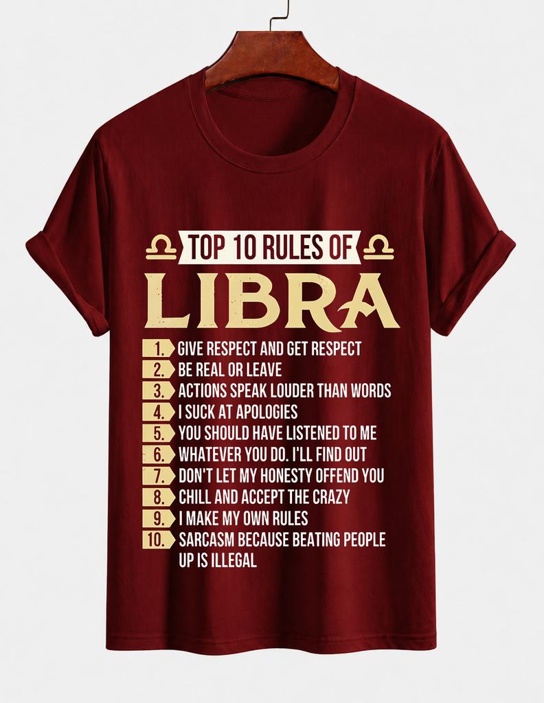 2026 New Pure Cotton Tshirt Libra Top Ten Rules Astrology Print Crew Neck Short Sleeve Casual Top