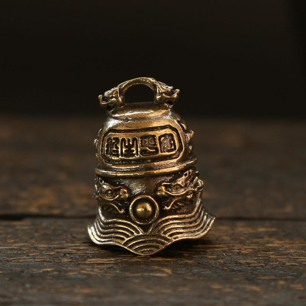 Brass Double Dragon Bell, Retro, Vintage, Car Key Bag Pendant, Handmade Rope, Craftsmanship, Five Emperor Money Accessory