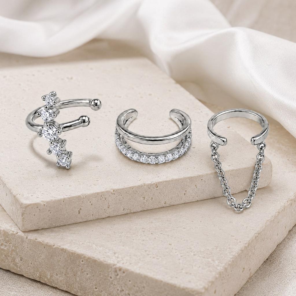 Ear Cuffs for Women, 3pcs Round Zircon Cartilage Clips, Tassel Chain No Piercing Minimalist Jewelry