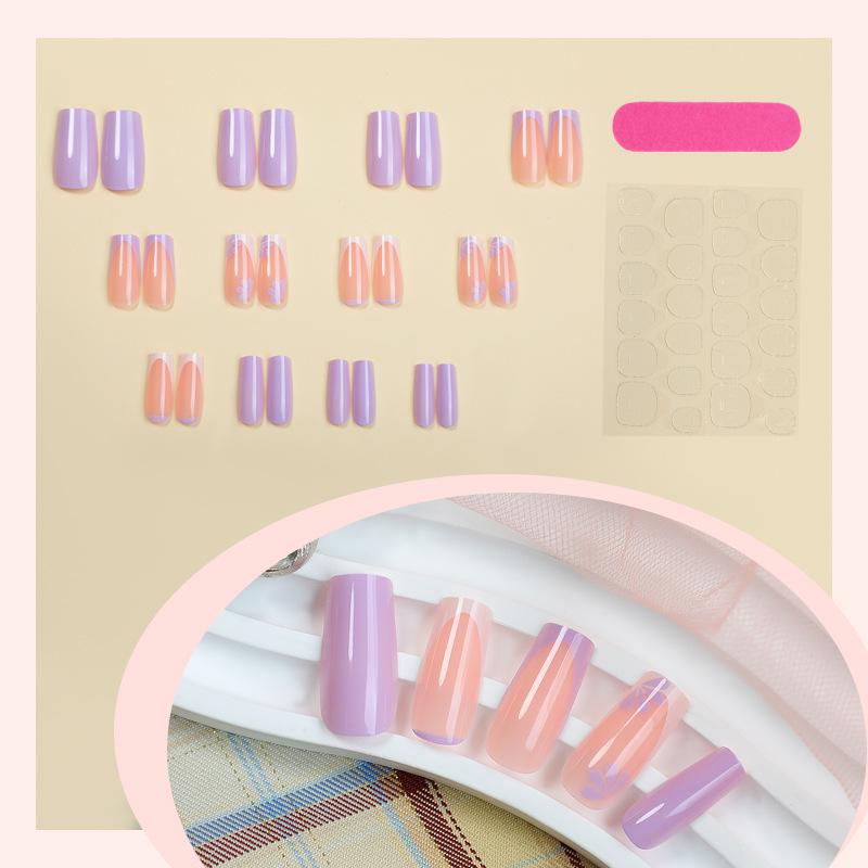Purple Floral Nail Art Stickers - Removable Medium-Length Tips, 24-Pack
