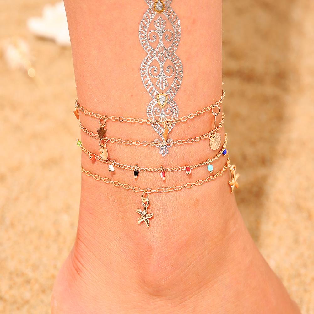 Bohemian Retro Wax Rope Mixed Color Woven Turquoise Sunflower Handmade String Mixed Color Rice Bead Multi-Layer Anklet