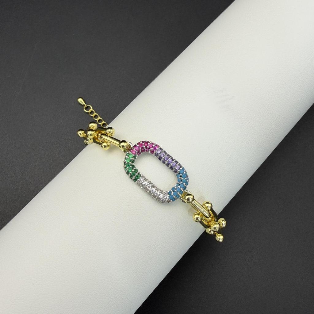 European & American Punk Chunky Chain Bracelet - T-shaped Zircon Inlaid, Hip Hop Metal Style, Colorful Hand Jewelry