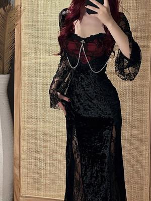 Autumn Winter Gothic Grunge Lace Dress Women Dark Academia Sexy Slim Party Dresses Korean Fashion Design Festival Long Prom Dress