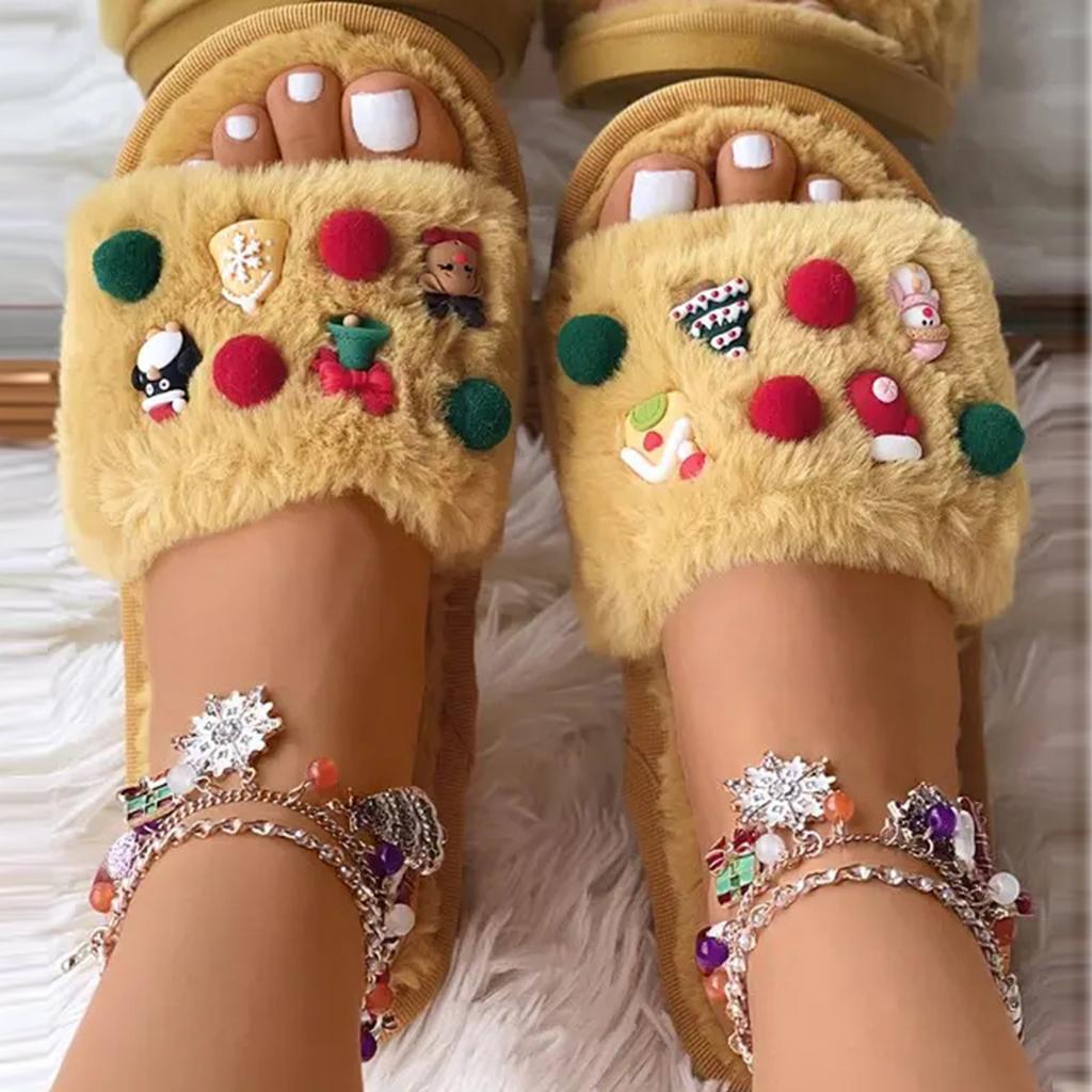 Women's Home Warm Cotton Slippers Winter Fashion Christmas Pendant Printing Thermal Slippers Casual Home Shoes Women's Slipper